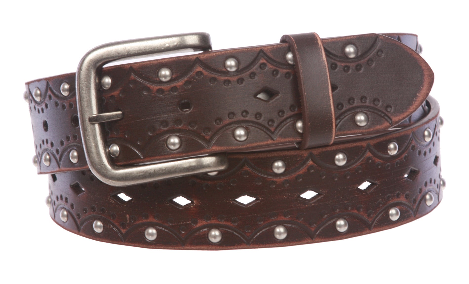 1 1/2" Snap on Perforated Vintage Embossed Studded Jean Belt - OnlineBelts