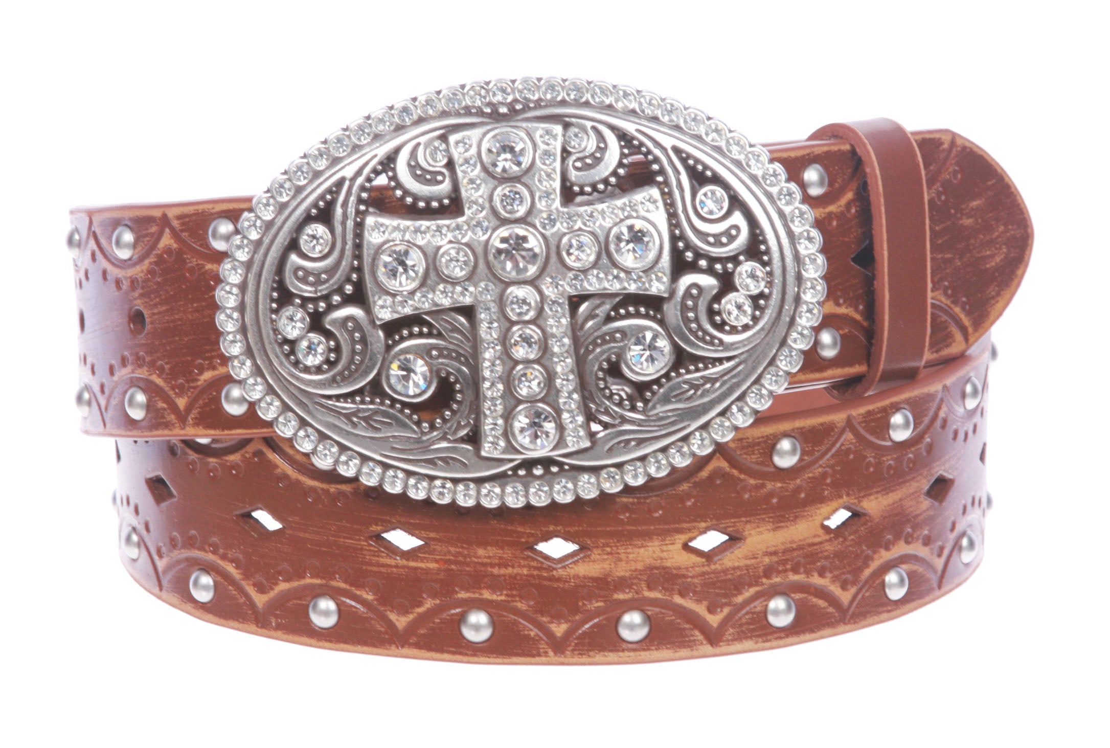 Studded Perforated Embossed Leather Belt With Rhinestone Bling Cross Buckle