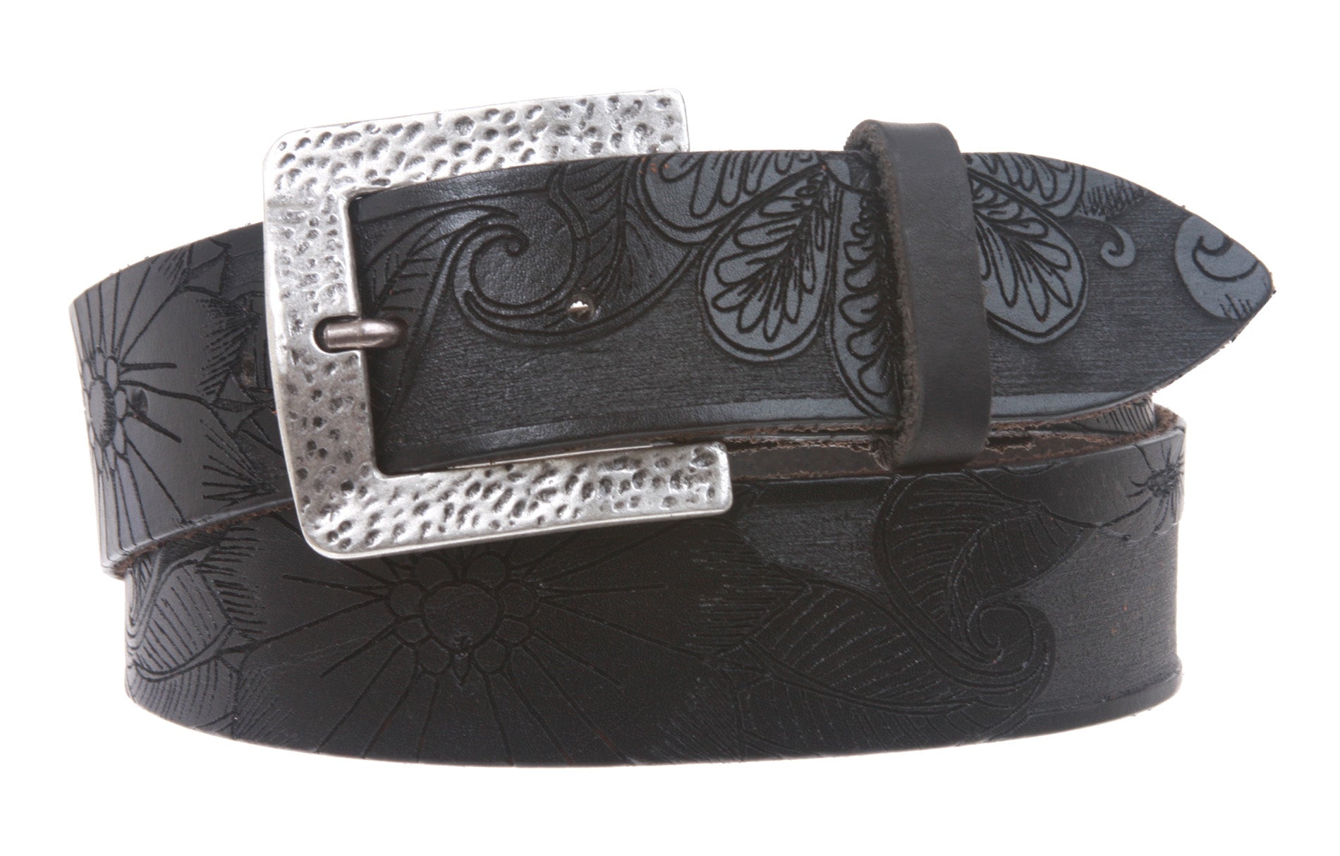 1 1/2" Snap On Soft Hand Floral Engraving Full Grain Leather Belt