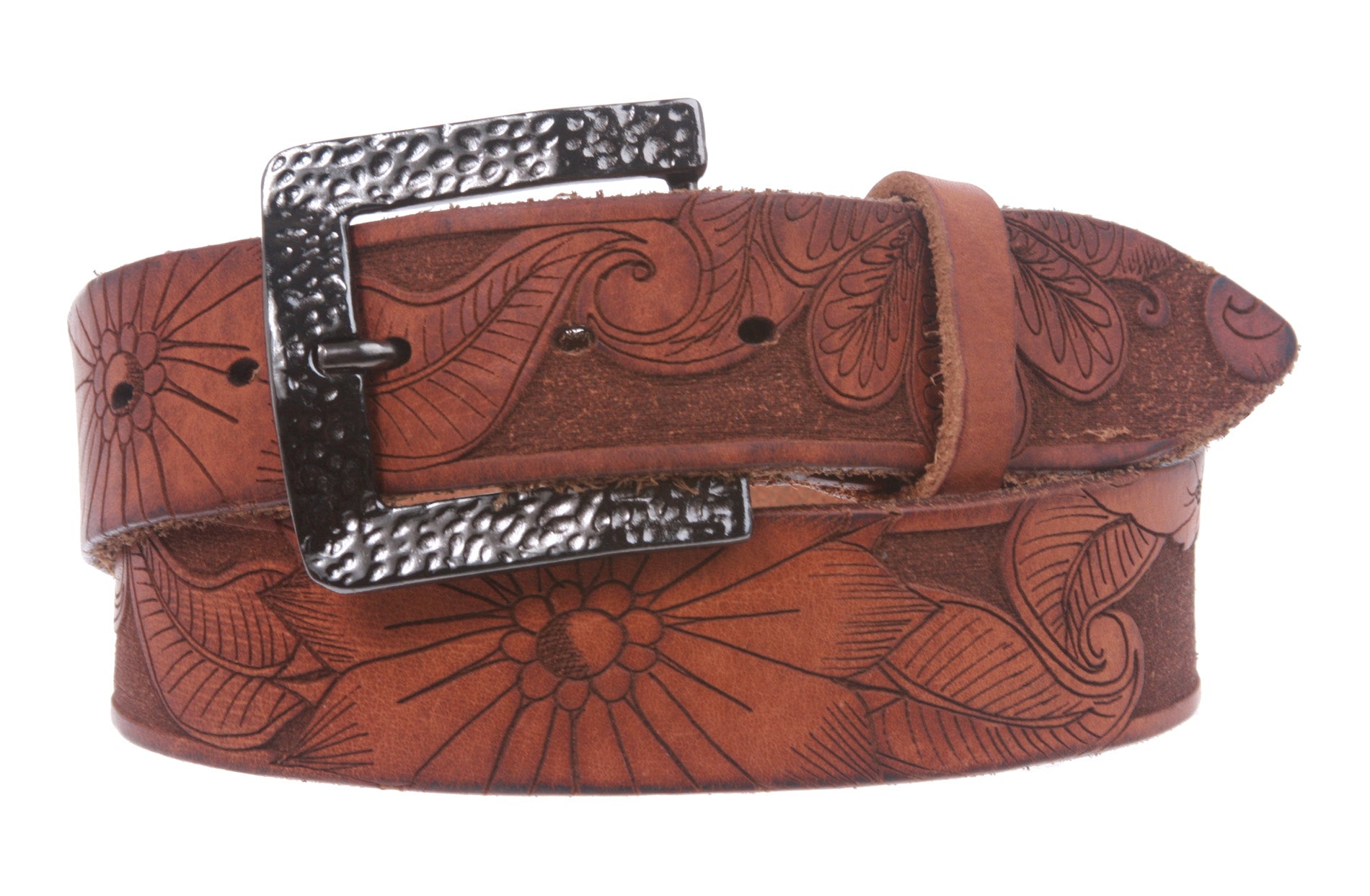 1 1/2" Snap On Soft Hand Floral Engraving Full Grain Leather Belt - OnlineBelts