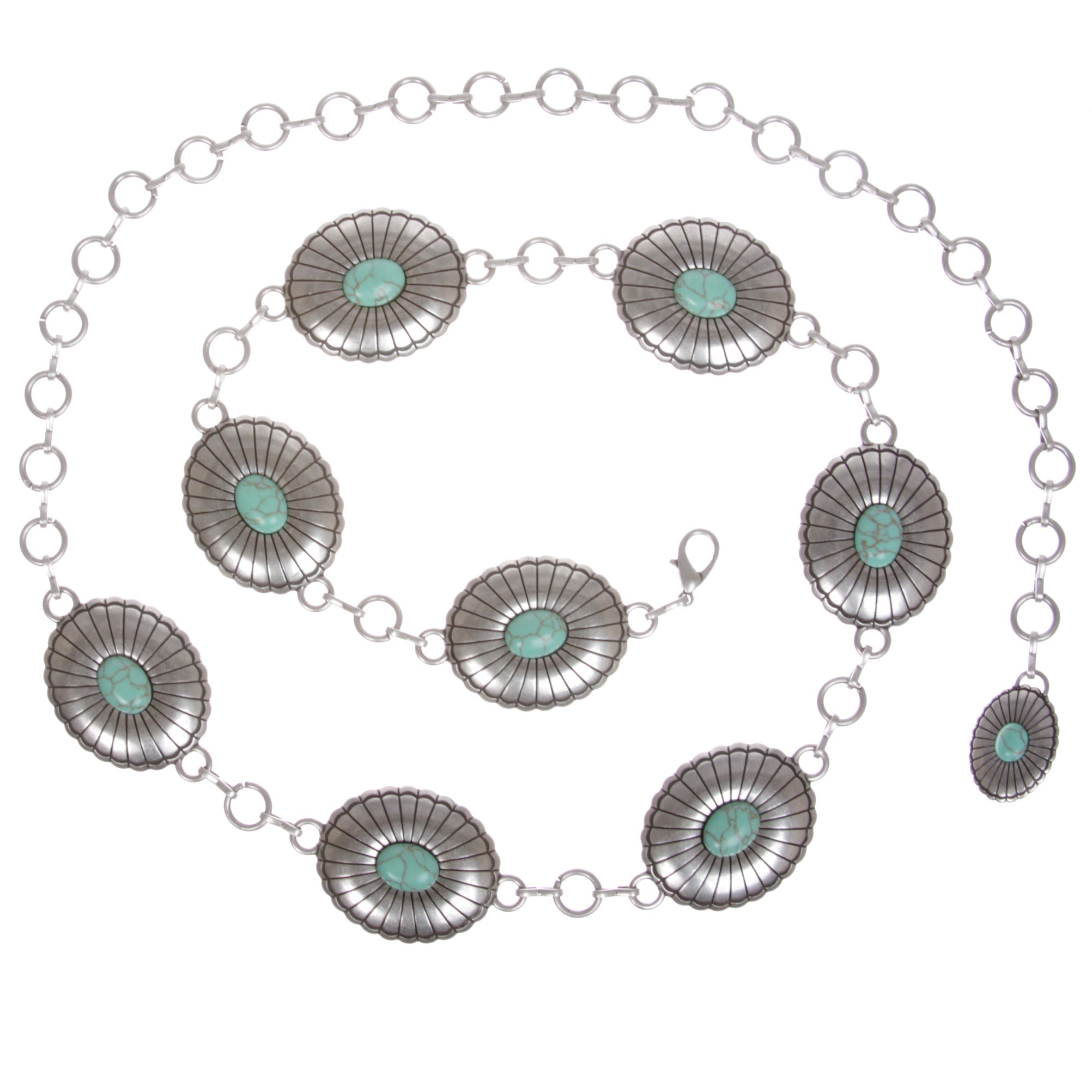 Women's Western Turquoise Stone Silver Oval Concho Chain Belt - OnlineBelts