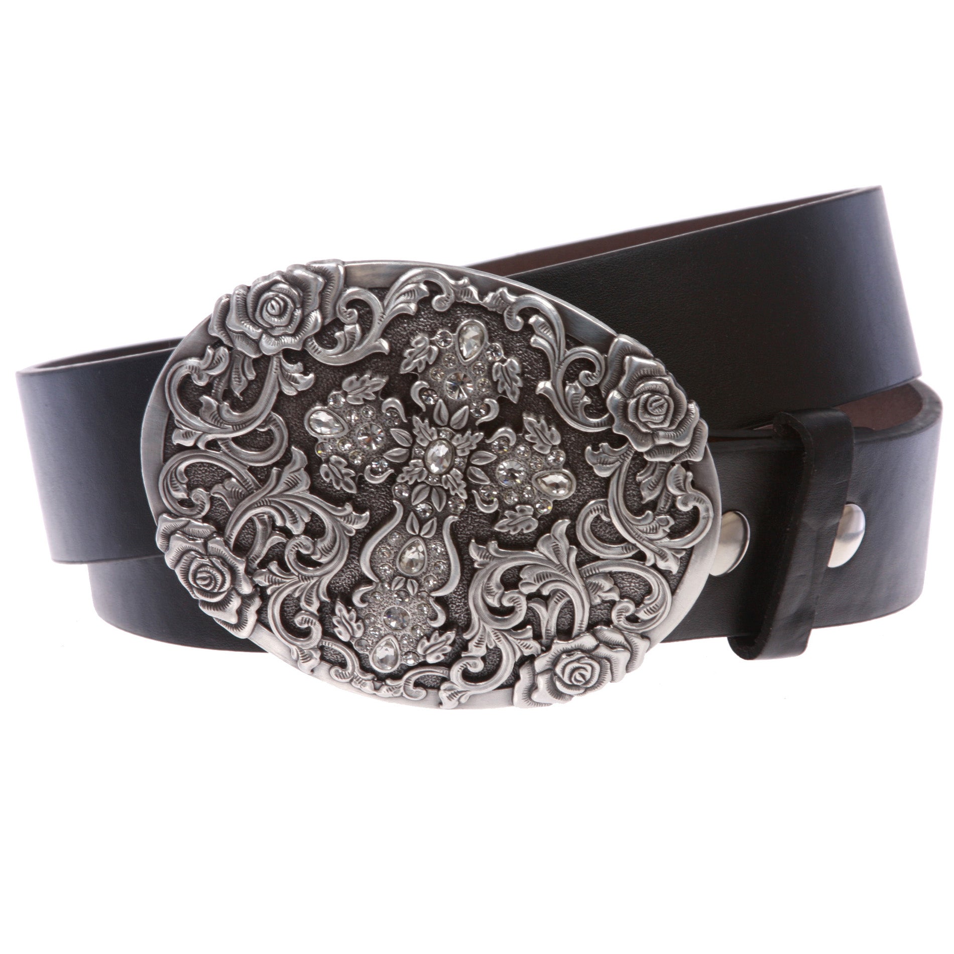 Western Antiqued Silver Cross & Rose Filigree Rhinestones Oval Belt - OnlineBelts