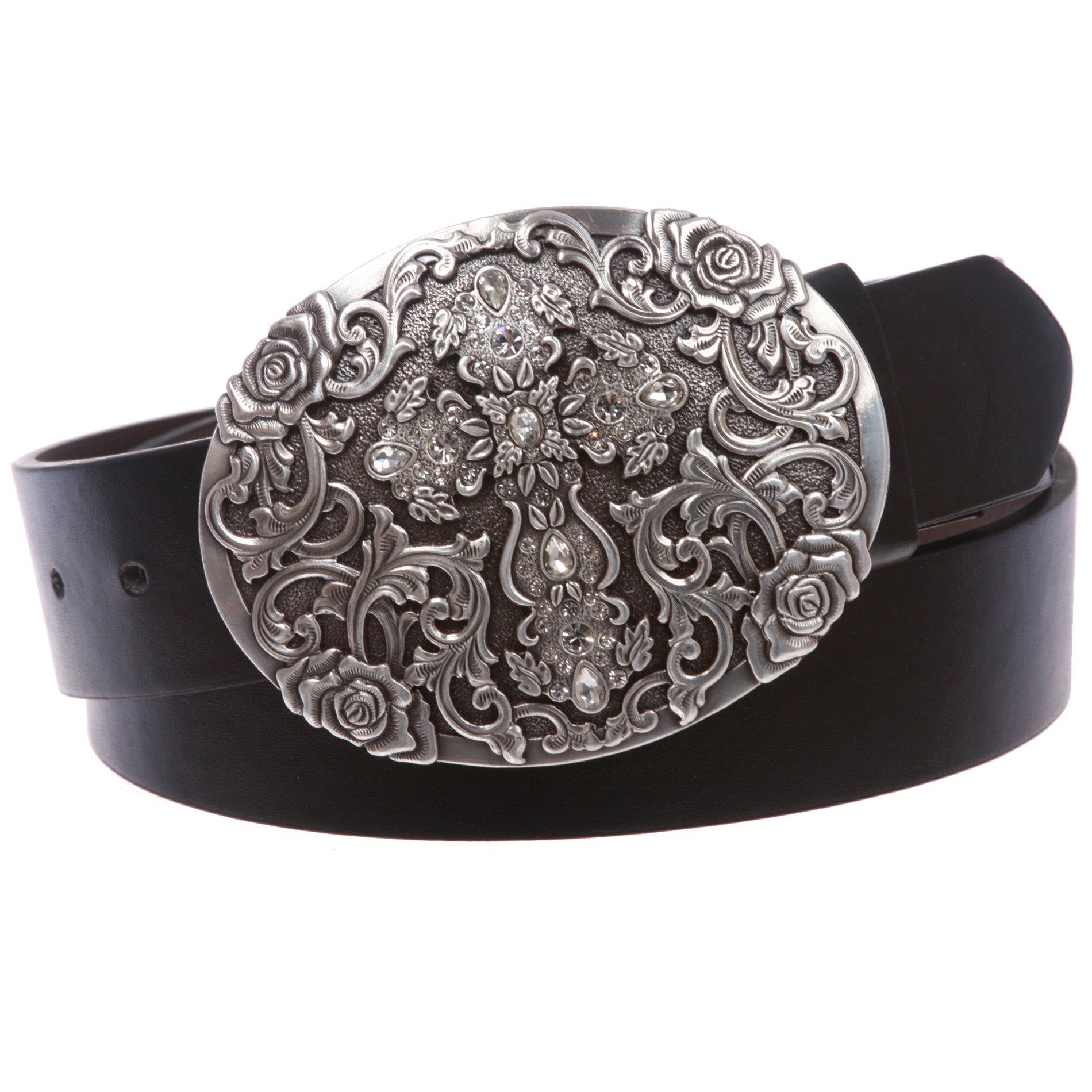 Western Antiqued Silver Cross & Rose Filigree Rhinestones Oval Belt - OnlineBelts