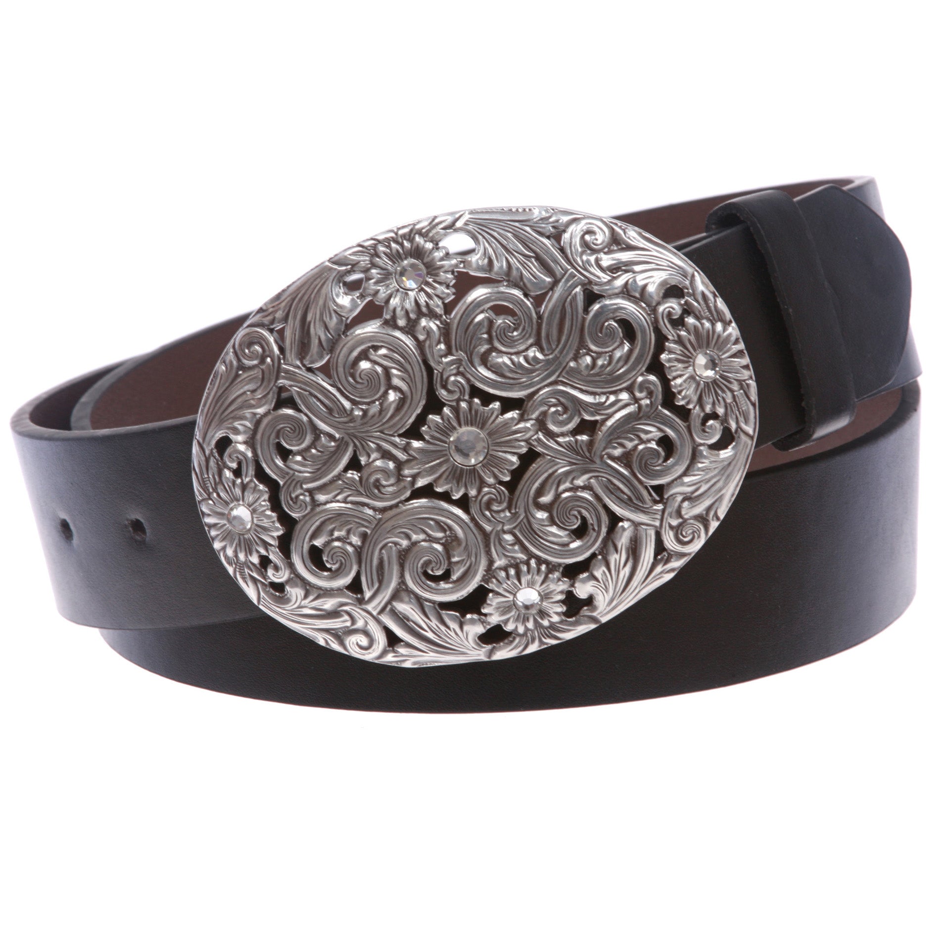 Western Antiqued Silver Sunflower Filigree Rhinestones Oval Belt - OnlineBelts