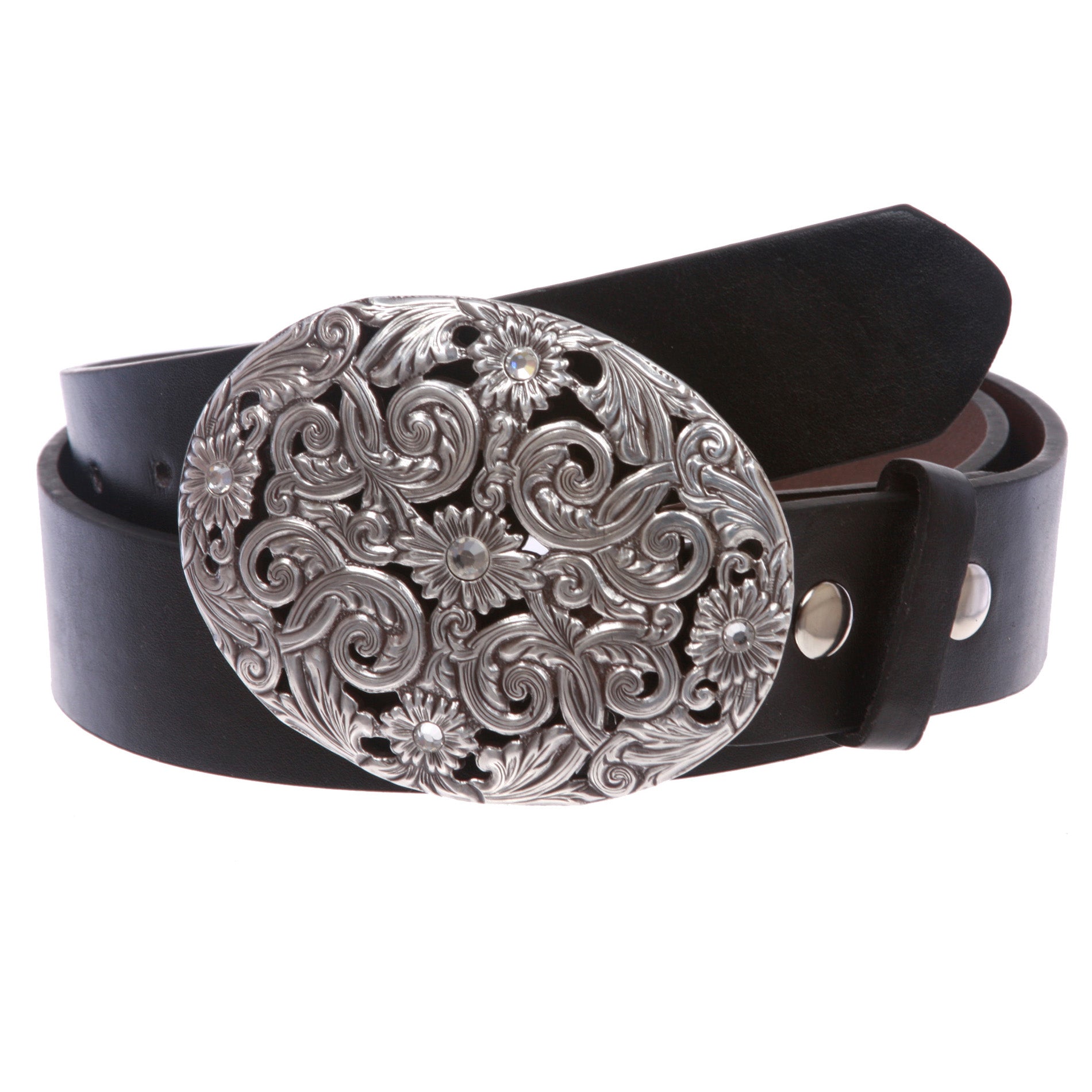 Western Antiqued Silver Sunflower Filigree Rhinestones Oval Belt - OnlineBelts