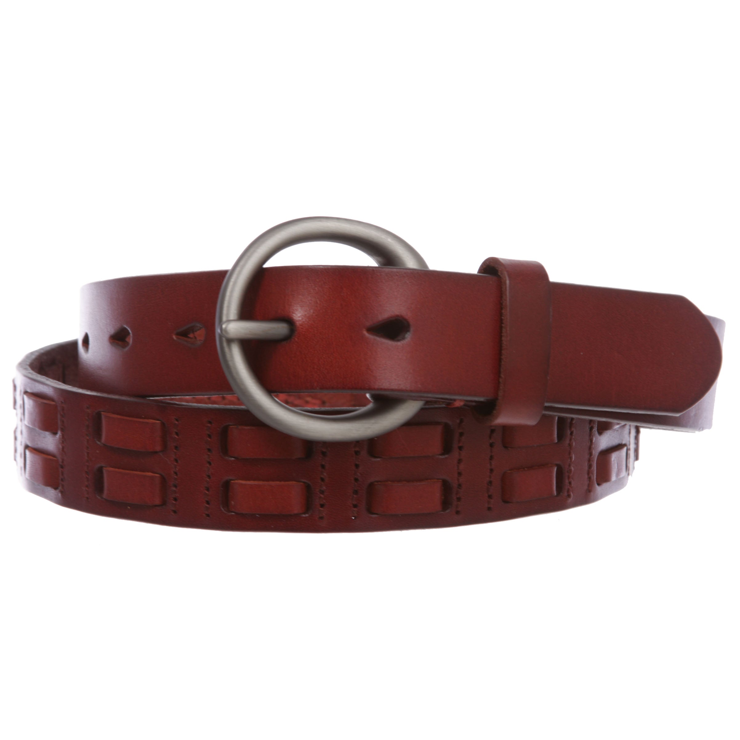 1 1/8" (28 mm) Oil Tanned Round Buckle Double Braided Stitching Link Genuine Leather Belt - OnlineBelts