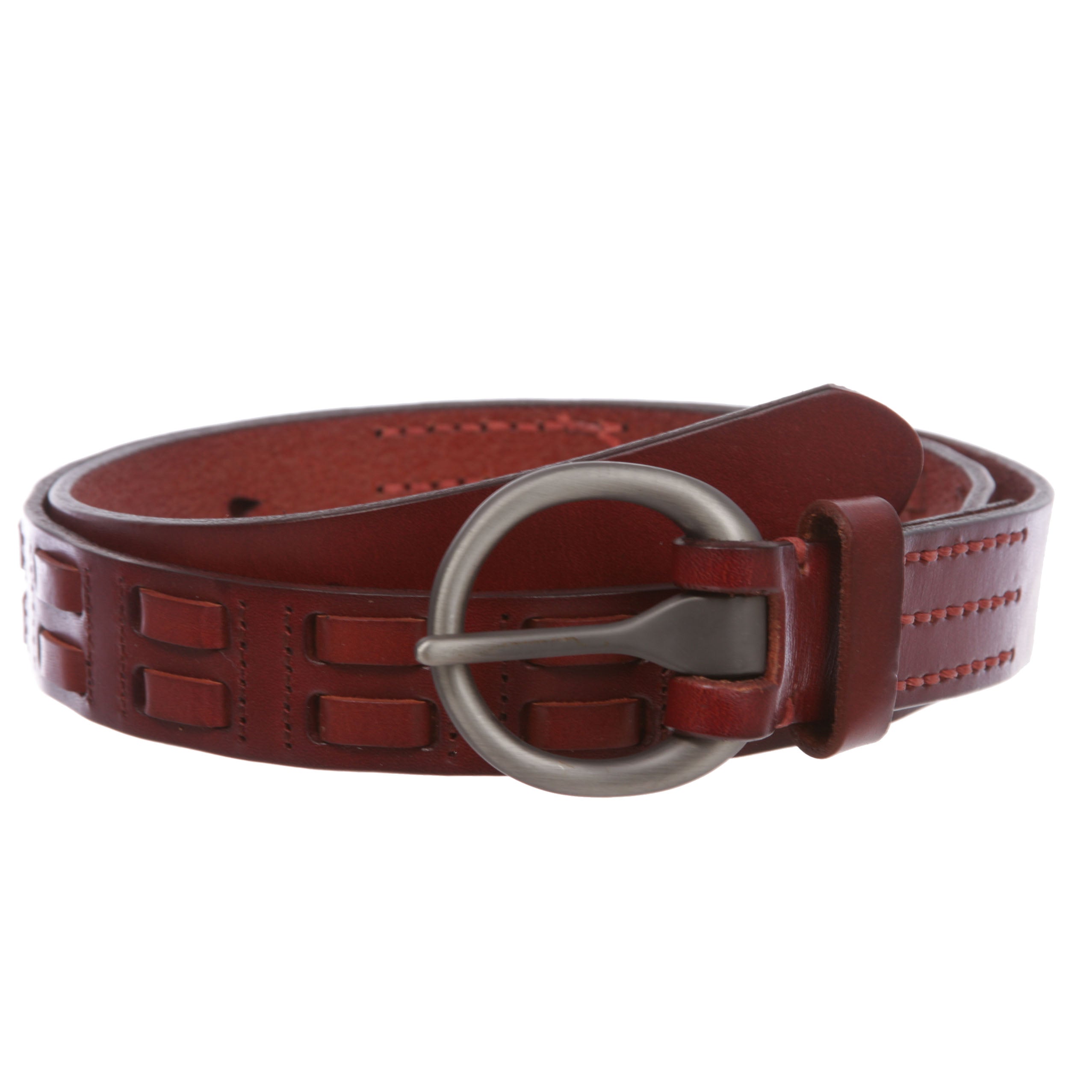 1 1/8" (28 mm) Oil Tanned Round Buckle Double Braided Stitching Link Genuine Leather Belt - OnlineBelts