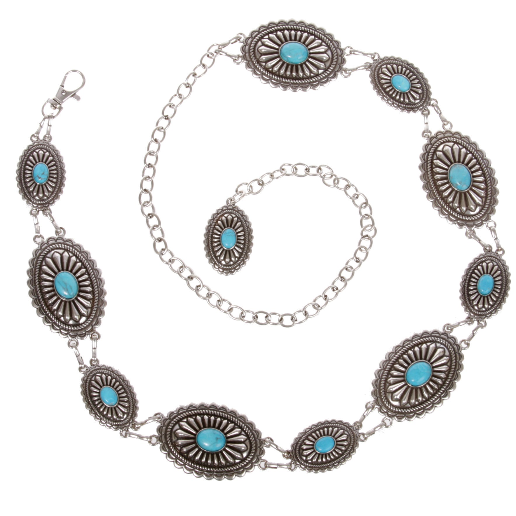 Women's Western Oval Turquoise Stone Concho Chain Belt - OnlineBelts