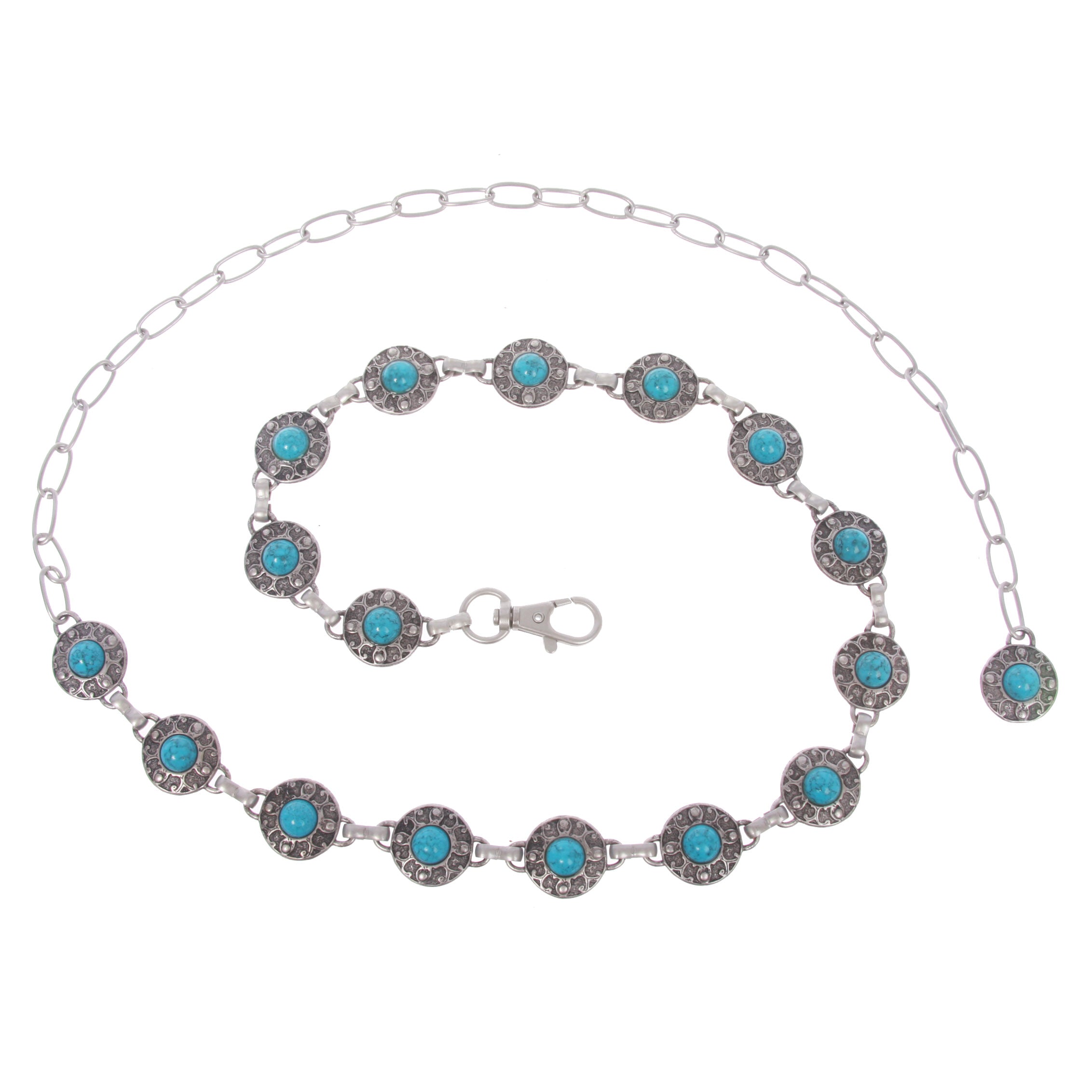 Women's Skinny Western Turquoise Stone Blue Concho Chain Belt - OnlineBelts