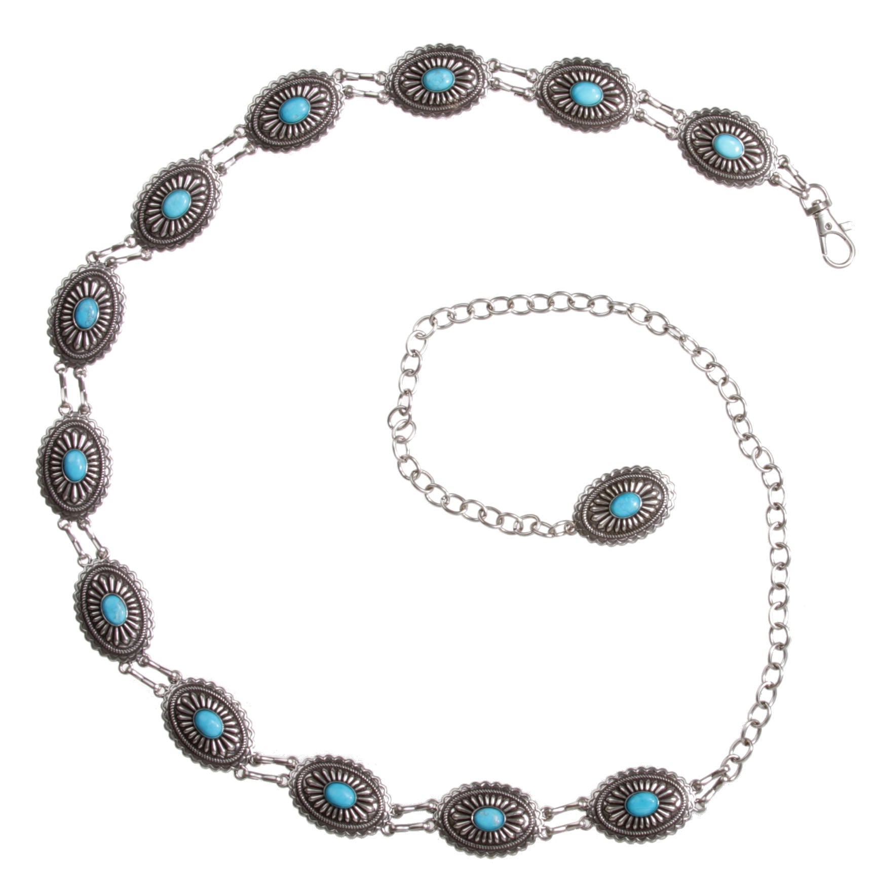 Women's Western Oval Turquoise Stone Concho Skinny Chain Belt - OnlineBelts