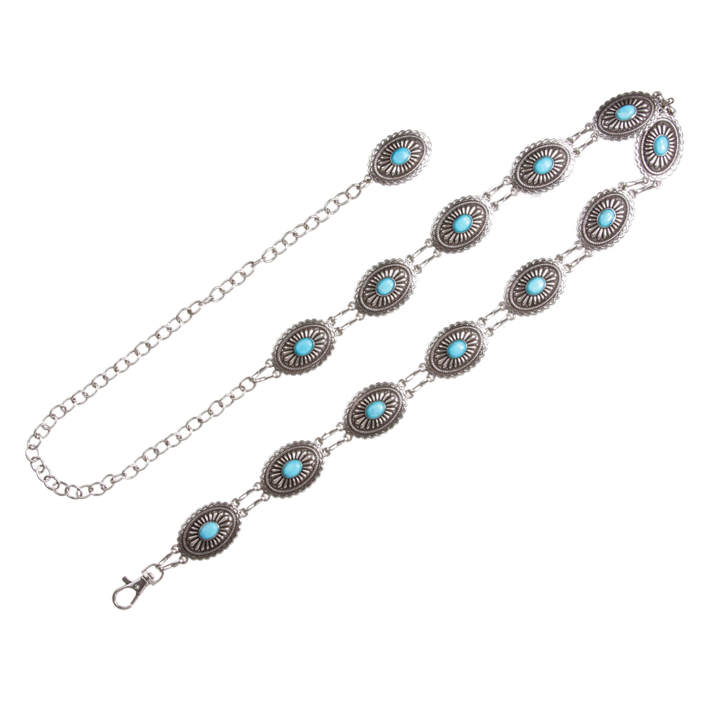 Women's Western Oval Turquoise Stone Concho Skinny Chain Belt - OnlineBelts