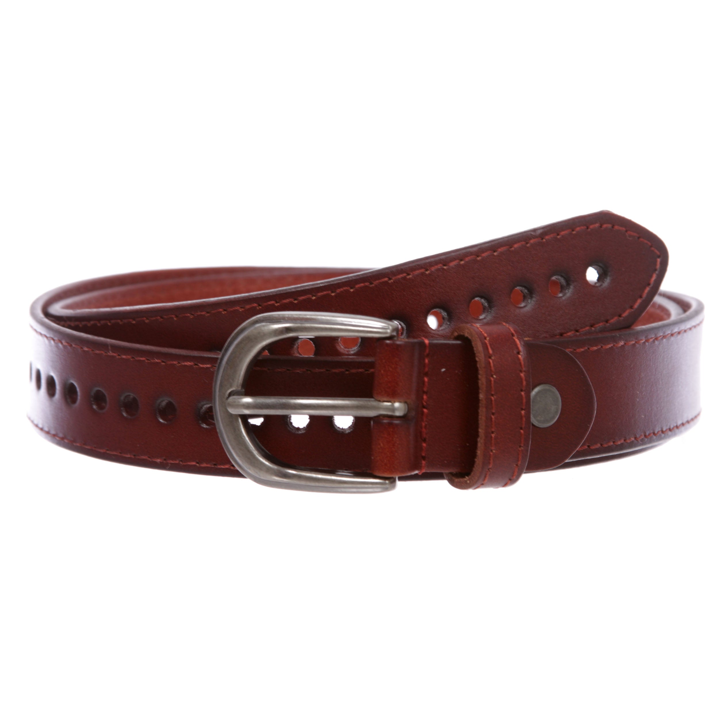 Women's 1 1/8" (28 mm) Perforated Full Grain Leather Edge Stitch Casual Belt - OnlineBelts