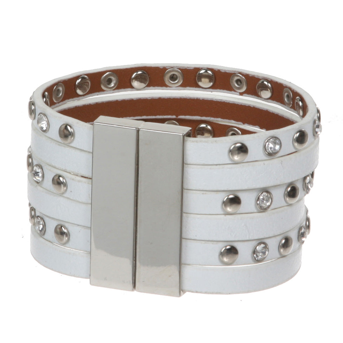 1 1/2" (4.0 cm) Rhinestone Studded Leather Strand Magnet Cuff Bracelet