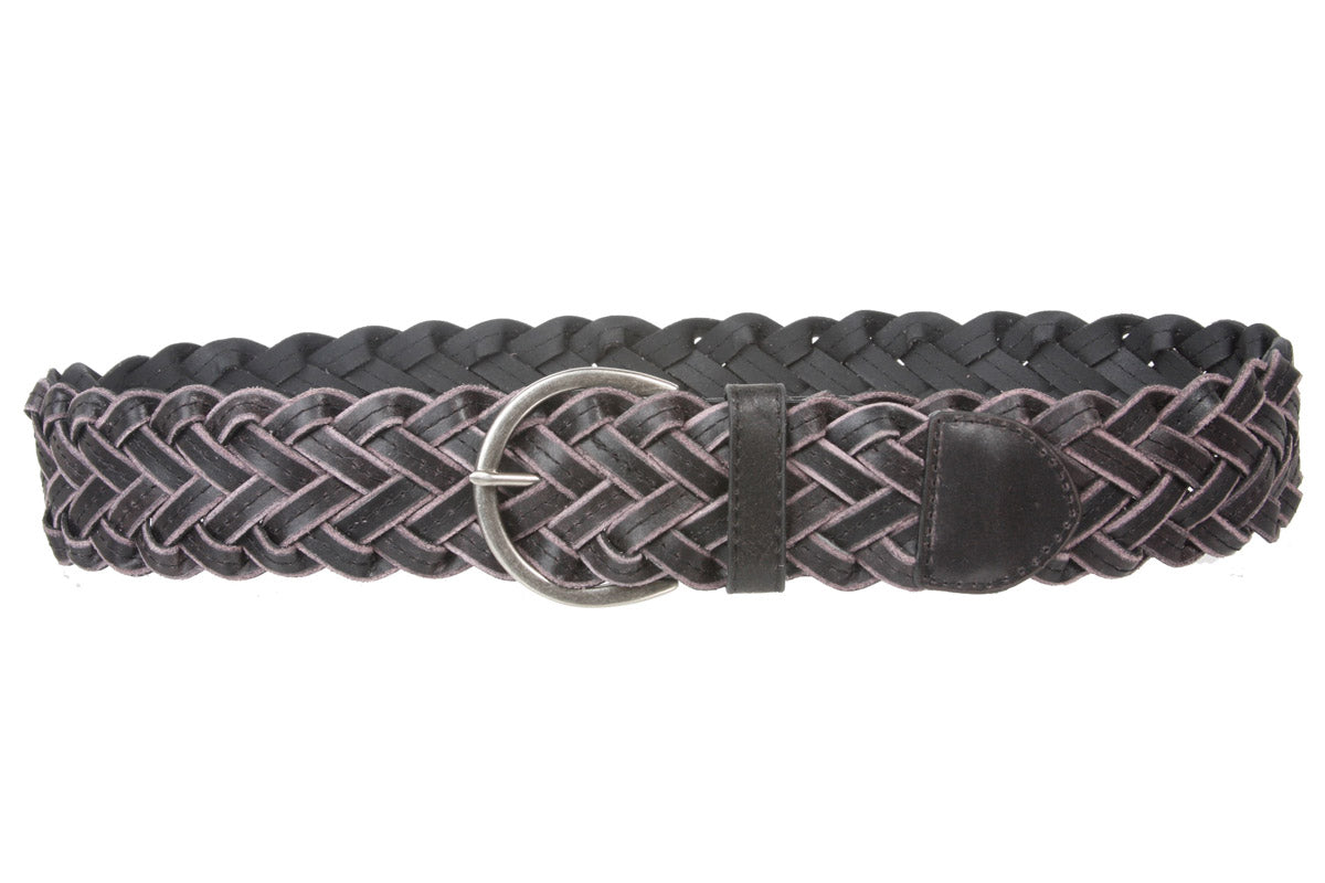 Womens 2" (50 mm) Round Braided Woven Vintage Distressed Leather Belt