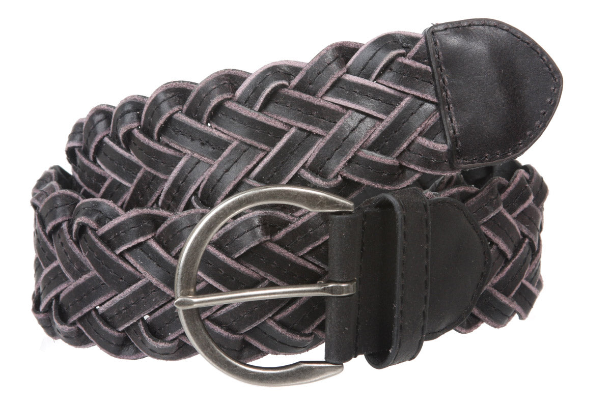 Womens 2" (50 mm) Round Braided Woven Vintage Distressed Leather Belt