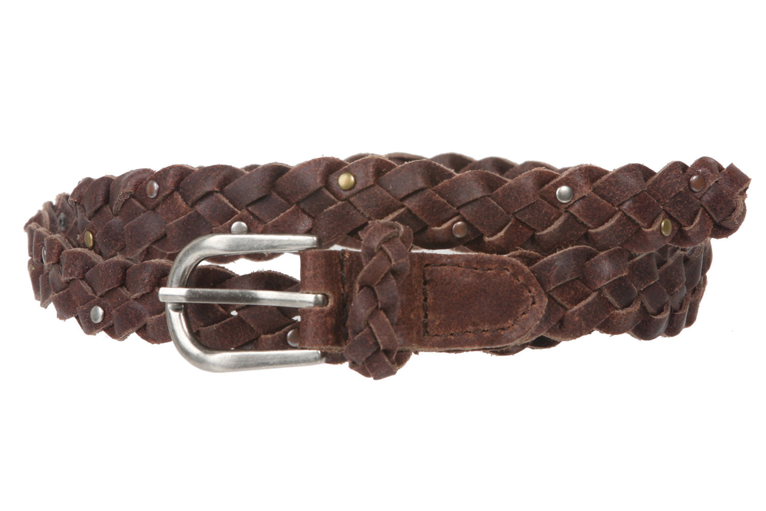 3/4" (18 mm) Braided Woven Skinny Leather Nailheads Belt - OnlineBelts