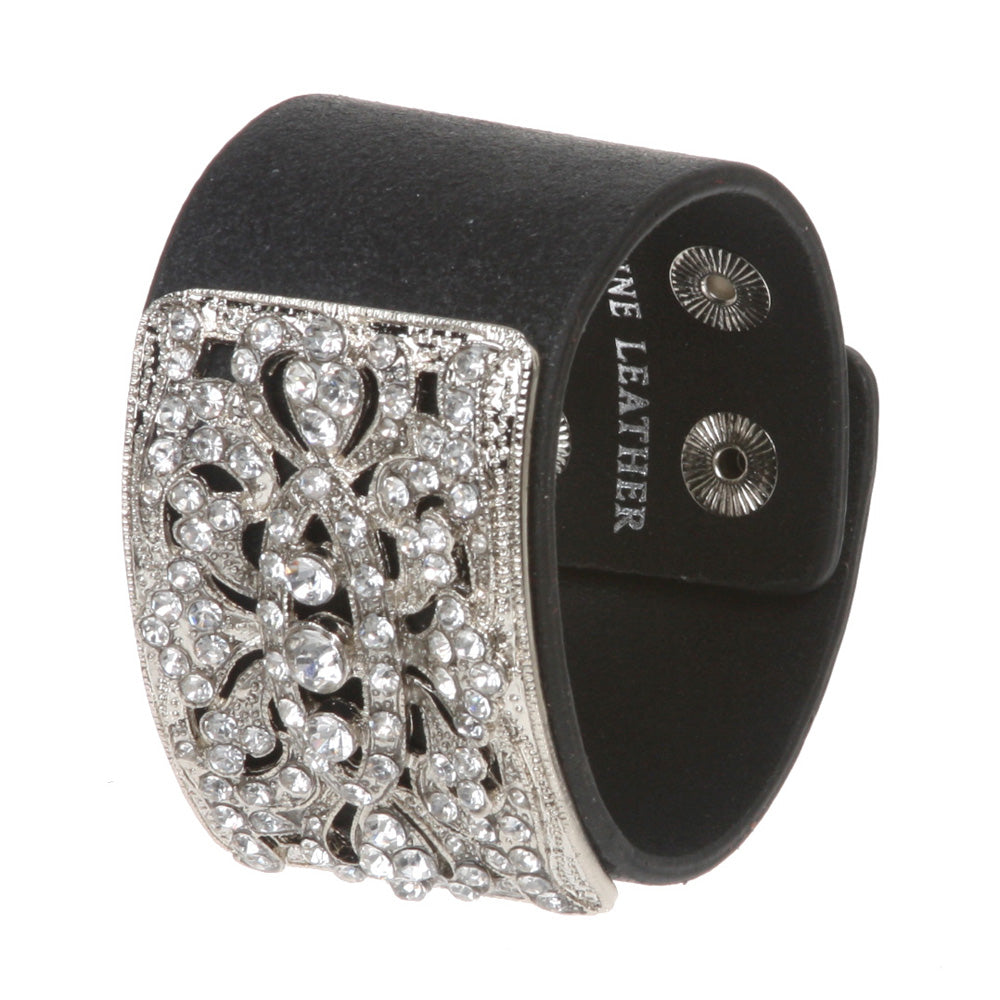 1 3/4" (4.5 cm) Rhinestone Black Leather Wristband Bracelet - OnlineBelts