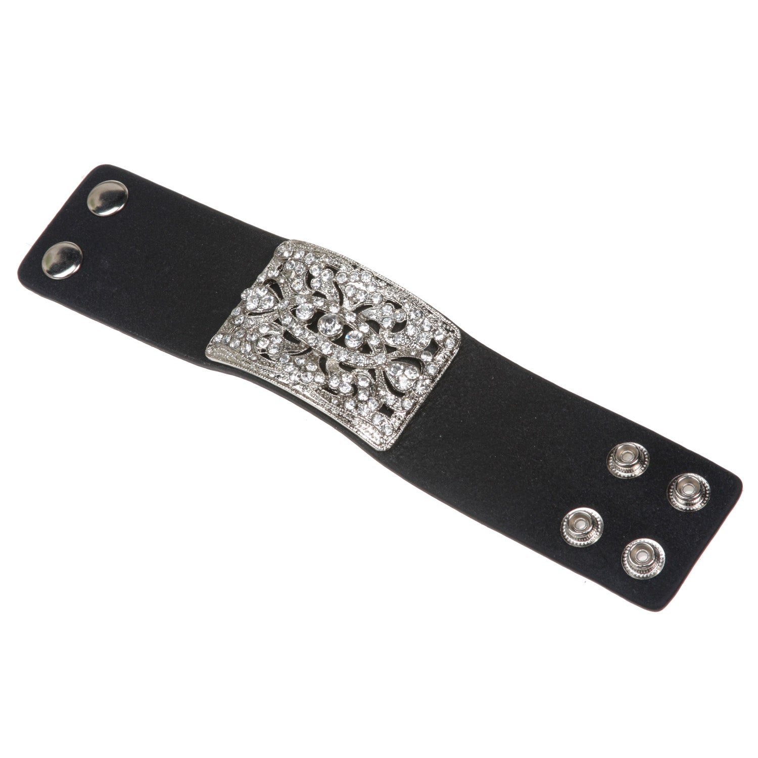 1 3/4" (4.5 cm) Rhinestone Black Leather Wristband Bracelet - OnlineBelts