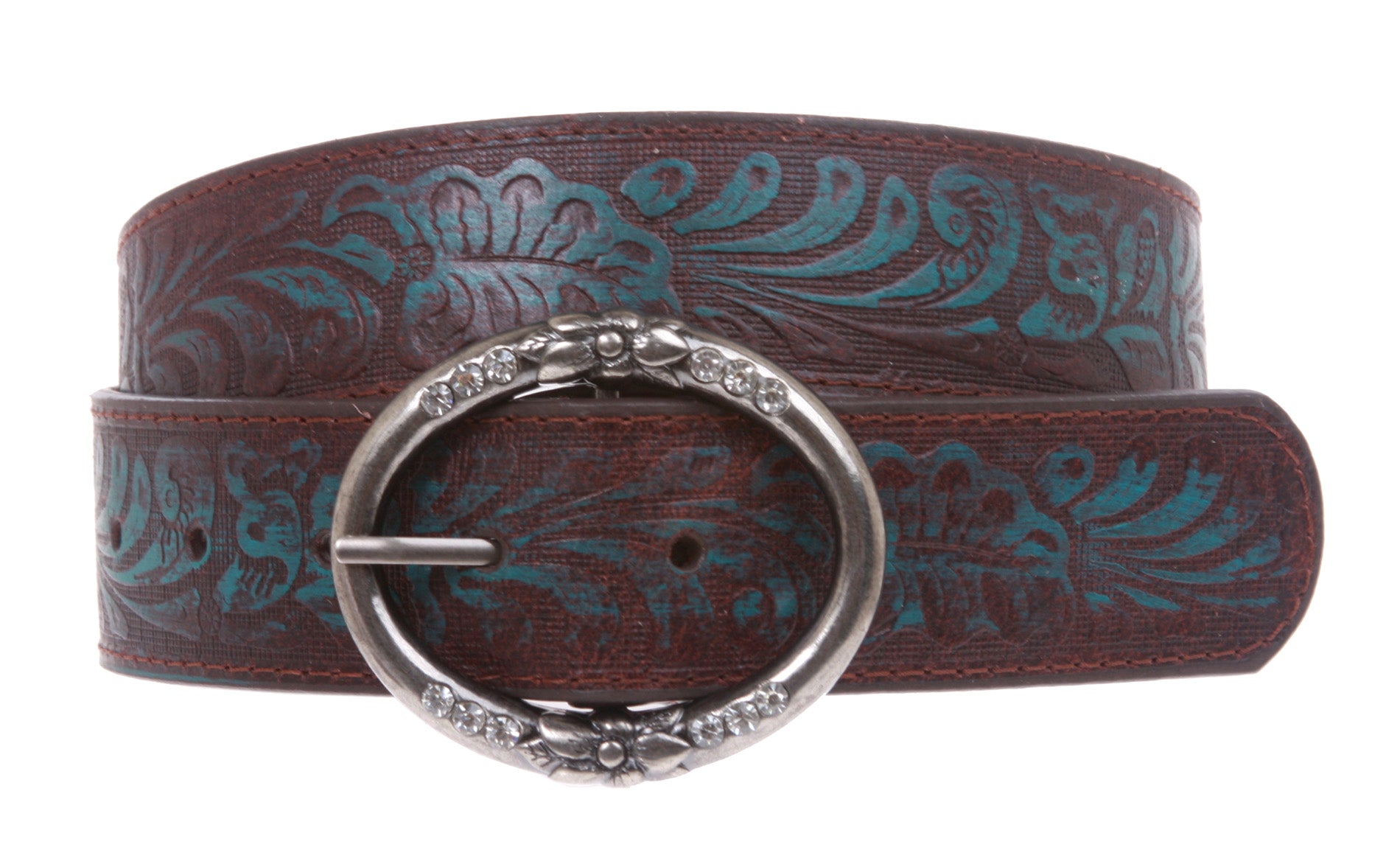 1 1/2" Ring buckle Floral Embossed Vintage Leather Belt - OnlineBelts