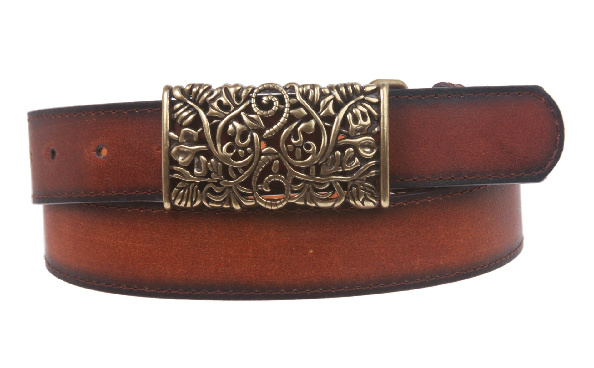 1 1/2" Floral Perforated Rectangular Buckle Vintage Leather Belt