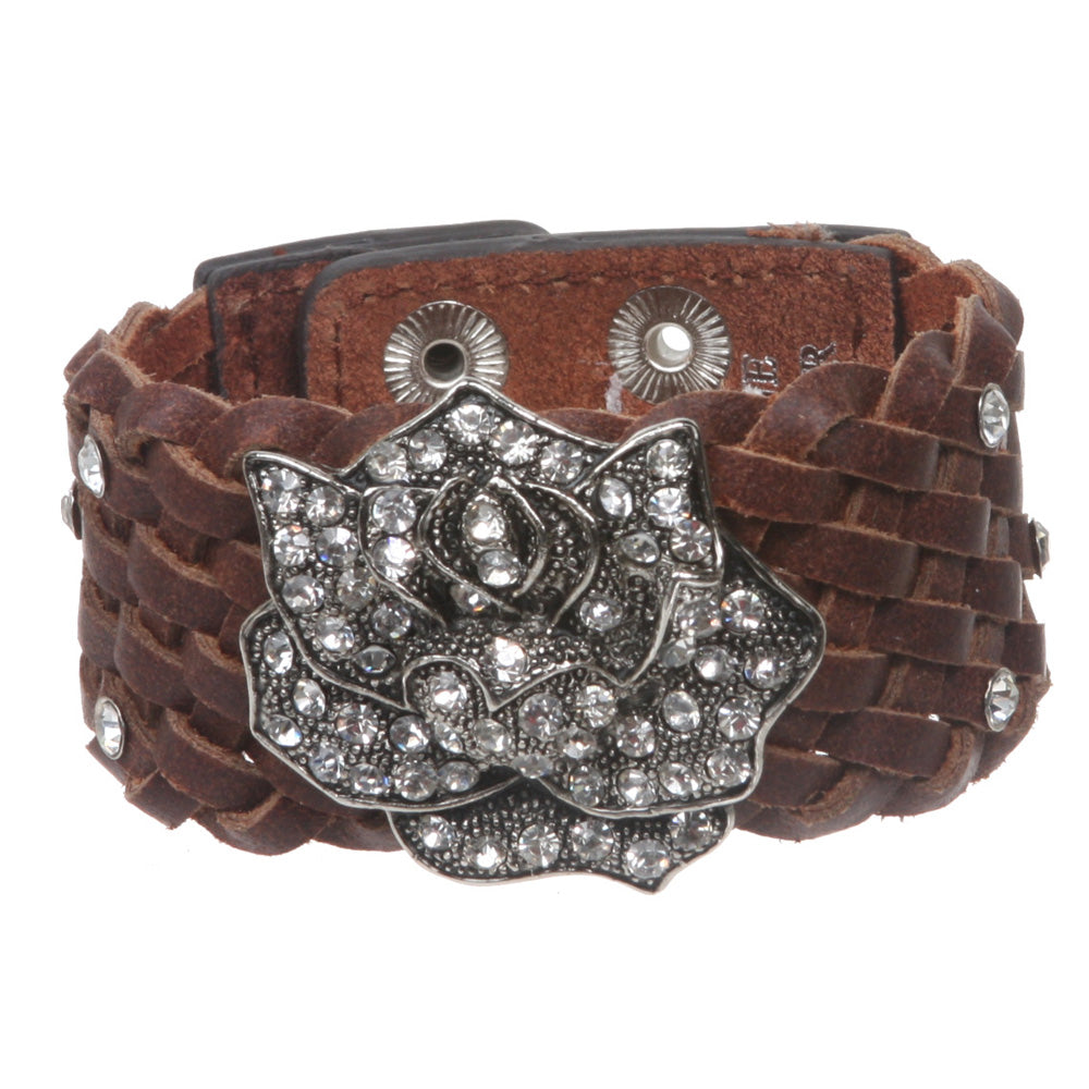 1 1/2" (4 cm) Vintage Braided Rhinestone Rose Woven Leather Cuff Bracelet