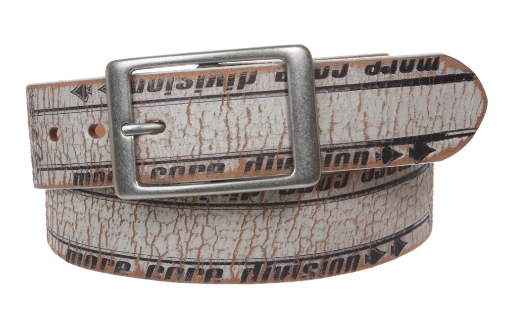 1 1/2" Wide Genuine Vintage Crack Print Distressed Leather Belt  w/ Rectangular Buckle