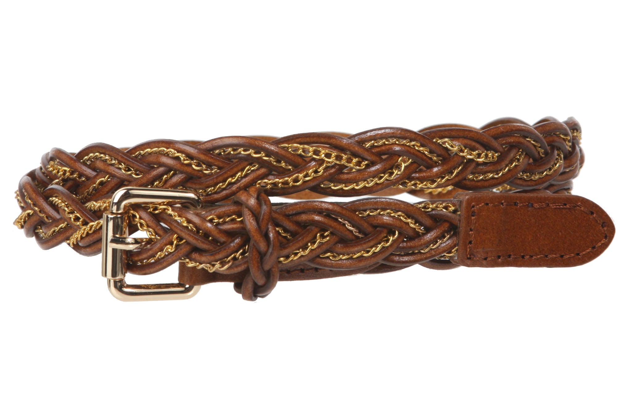 Women's 3/4" (19 mm) Skinny Braided Weave Leather Belt with Chain Detail - OnlineBelts