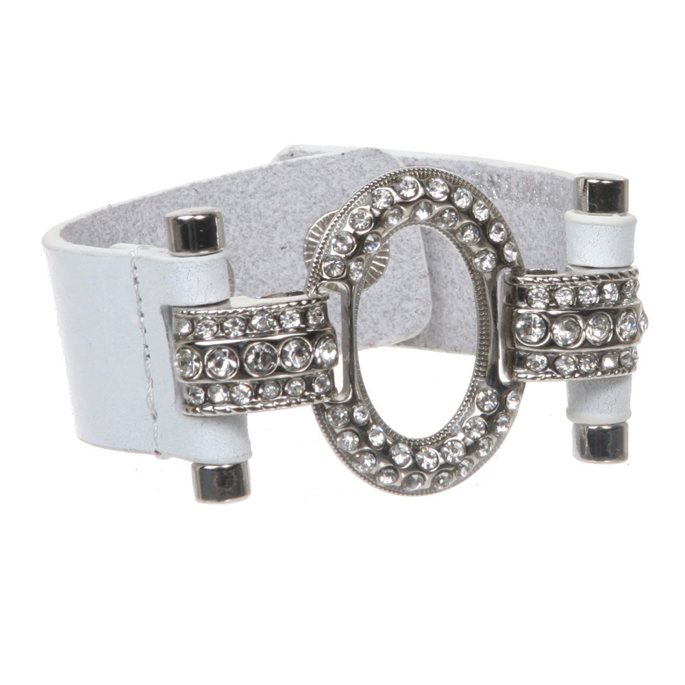 Linked Oval Rhinestone Leather Cuff Bracelet - OnlineBelts