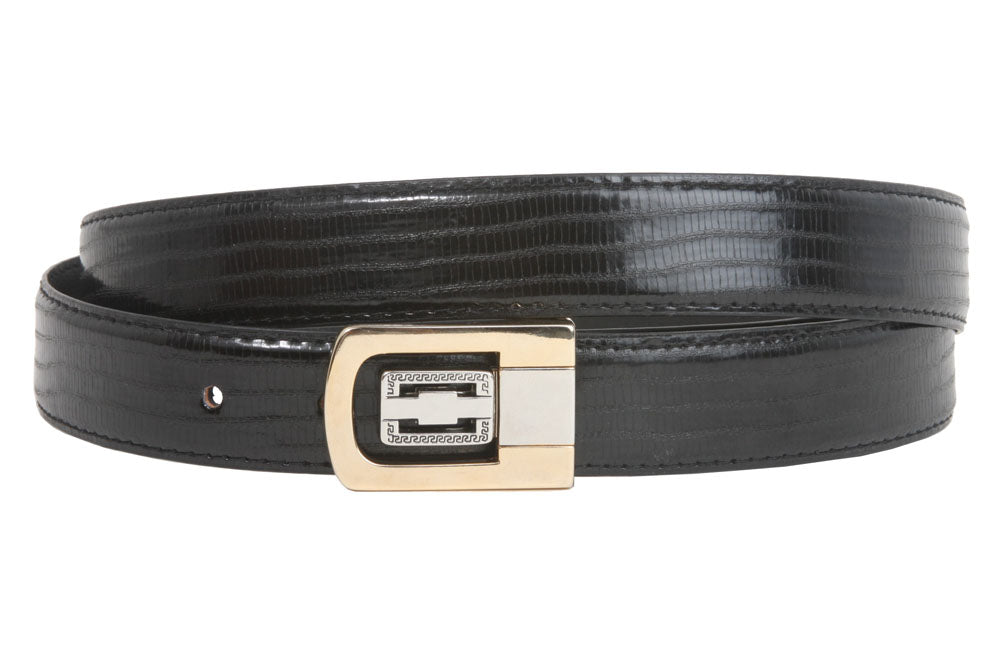 1 1/8 Inch Clamp On One Size Fits All Feather Edged Corona Lizard Print Patent Faux Leather Belt - OnlineBelts