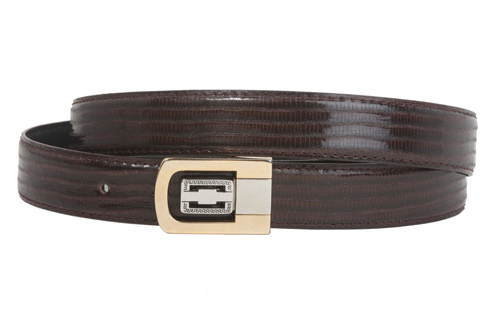 1 1/8 Inch Clamp On One Size Fits All Feather Edged Corona Lizard Print Patent Faux Leather Belt - OnlineBelts