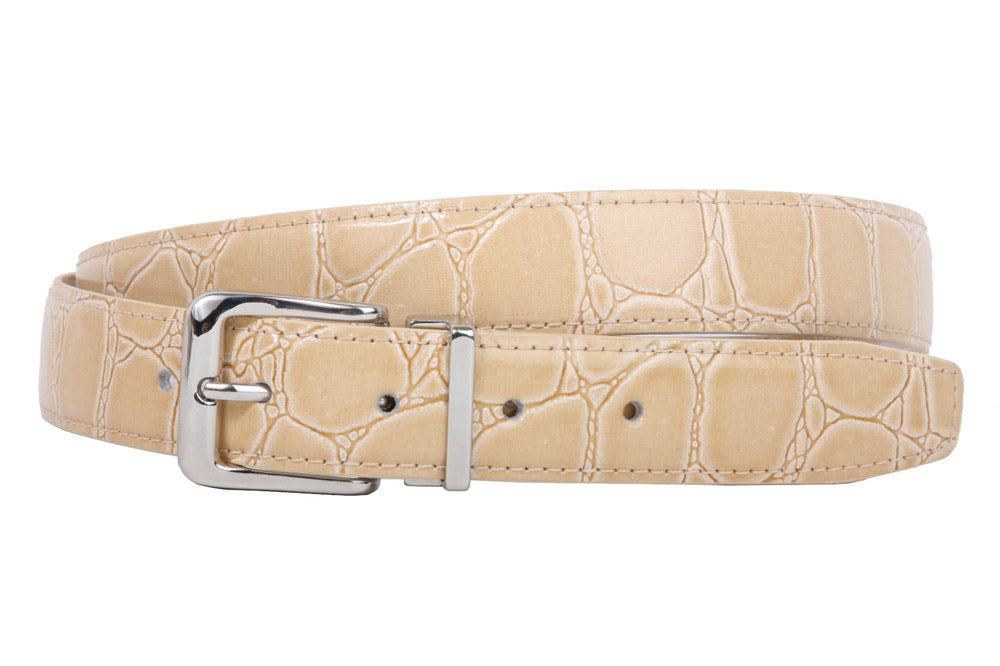 1 1/8 Inch Clamp On Single Loop Silver One Size Fits All Feather Edged Faux Alligator Grain Croco Print Patent Leather Belt - OnlineBelts