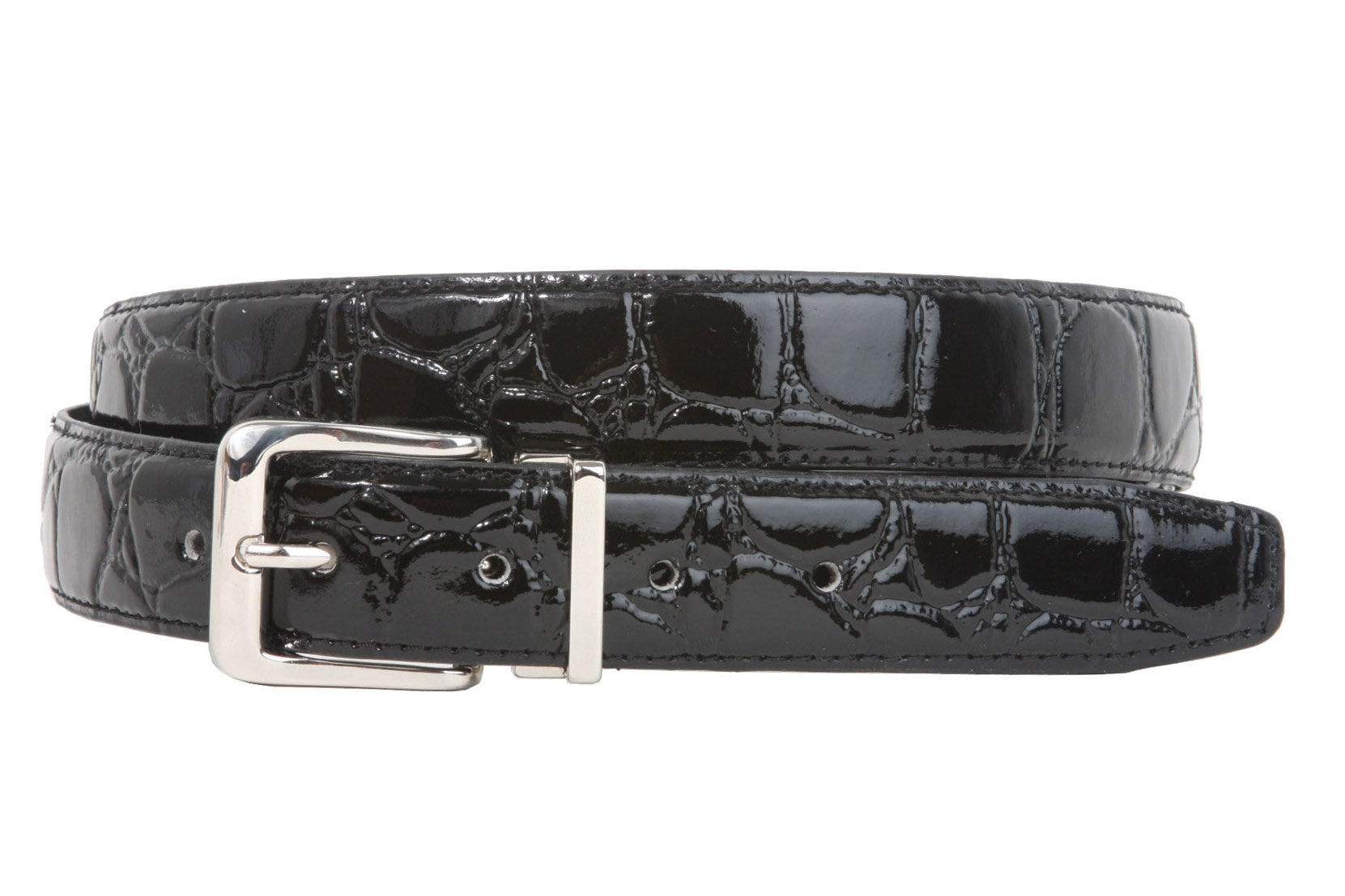 1 1/8 Inch Clamp On Single Loop Silver One Size Fits All Feather Edged Faux Alligator Grain Croco Print Patent Leather Belt - OnlineBelts
