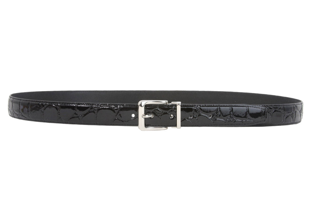 1 1/8 Inch Clamp On Single Loop Silver One Size Fits All Feather Edged Faux Alligator Grain Croco Print Patent Leather Belt - OnlineBelts