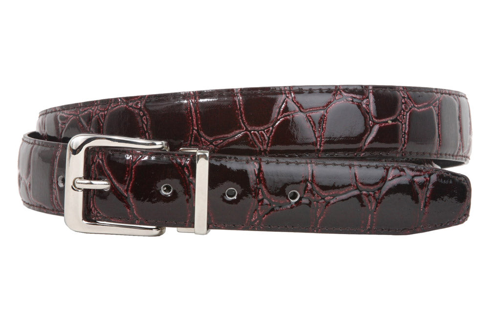 1 1/8 Inch Clamp On Single Loop Silver One Size Fits All Feather Edged Faux Alligator Grain Croco Print Patent Leather Belt - OnlineBelts