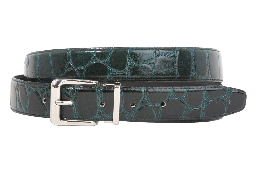 1 1/8 Inch Clamp On Single Loop Silver One Size Fits All Feather Edged Faux Alligator Grain Croco Print Patent Leather Belt - OnlineBelts