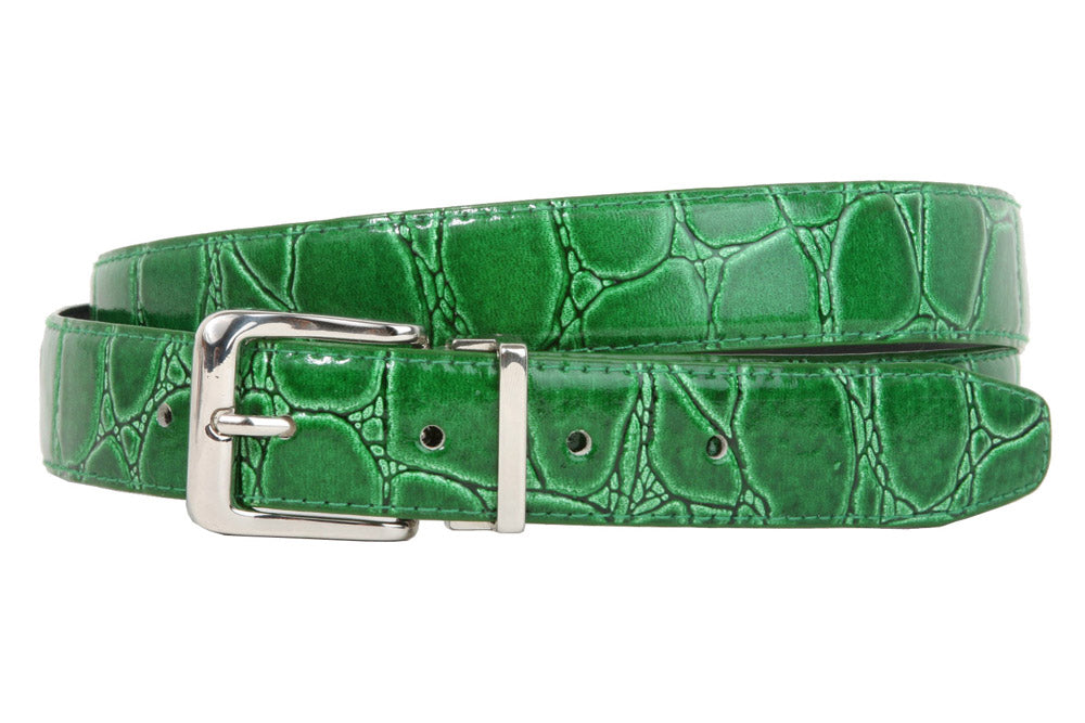 1 1/8 Inch Clamp On Single Loop Silver One Size Fits All Feather Edged Faux Alligator Grain Croco Print Patent Leather Belt - OnlineBelts