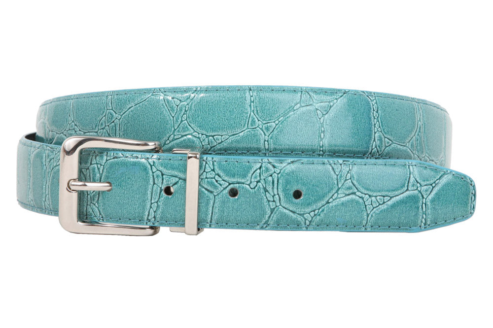 1 1/8 Inch Clamp On Single Loop Silver One Size Fits All Feather Edged Faux Alligator Grain Croco Print Patent Leather Belt - OnlineBelts