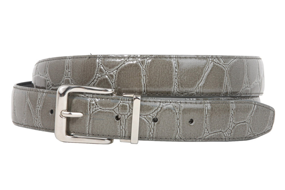 1 1/8 Inch Clamp On Single Loop Silver One Size Fits All Feather Edged Faux Alligator Grain Croco Print Patent Leather Belt - OnlineBelts