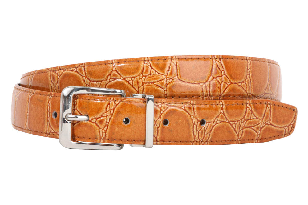 1 1/8 Inch Clamp On Single Loop Silver One Size Fits All Feather Edged Faux Alligator Grain Croco Print Patent Leather Belt - OnlineBelts