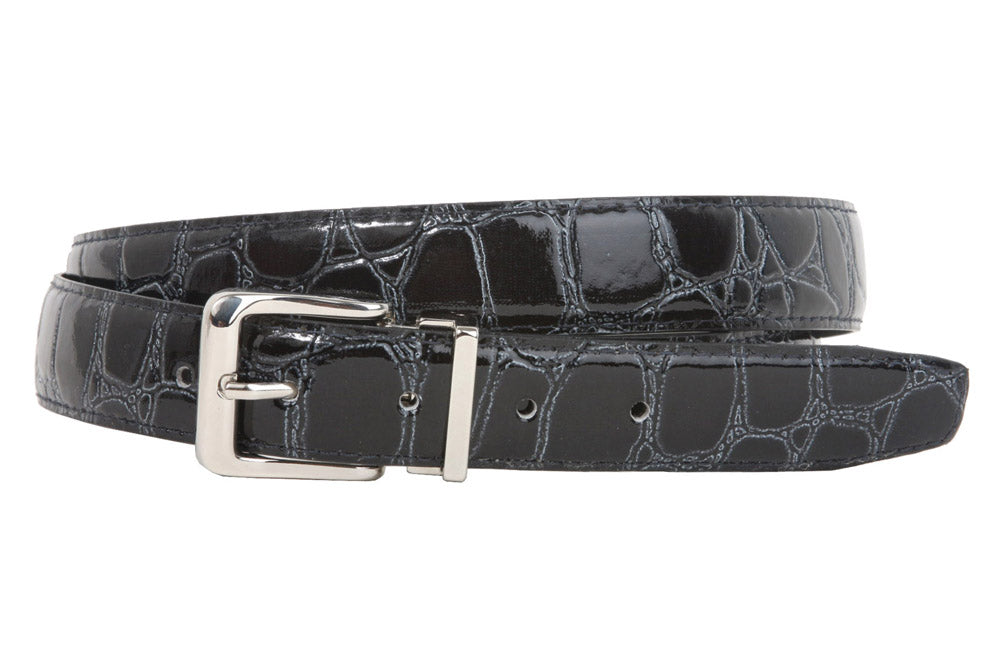 1 1/8 Inch Clamp On Single Loop Silver One Size Fits All Feather Edged Faux Alligator Grain Croco Print Patent Leather Belt - OnlineBelts