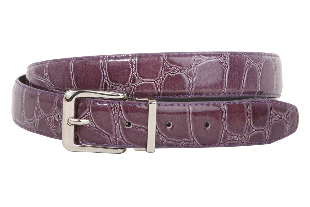 1 1/8 Inch Clamp On Single Loop Silver One Size Fits All Feather Edged Faux Alligator Grain Croco Print Patent Leather Belt - OnlineBelts