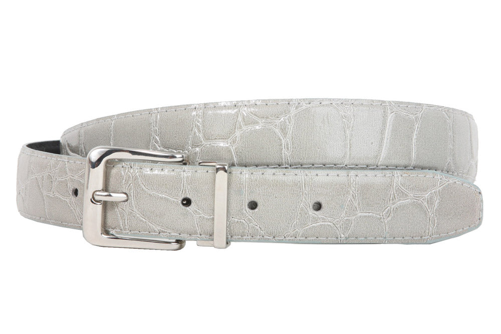 1 1/8 Inch Clamp On Single Loop Silver One Size Fits All Feather Edged Faux Alligator Grain Croco Print Patent Leather Belt