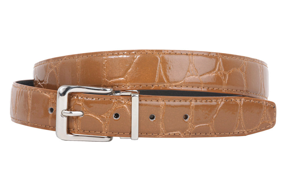 1 1/8 Inch Clamp On Single Loop Silver One Size Fits All Feather Edged Faux Alligator Grain Croco Print Patent Leather Belt - OnlineBelts