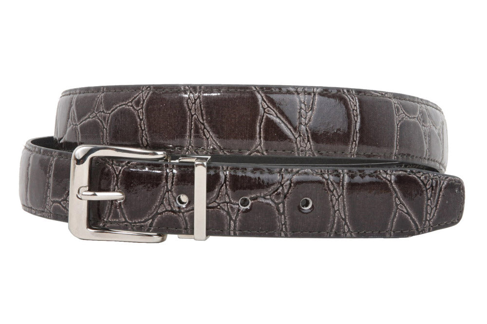 1 1/8 Inch Clamp On Single Loop Silver One Size Fits All Feather Edged Faux Alligator Grain Croco Print Patent Leather Belt - OnlineBelts