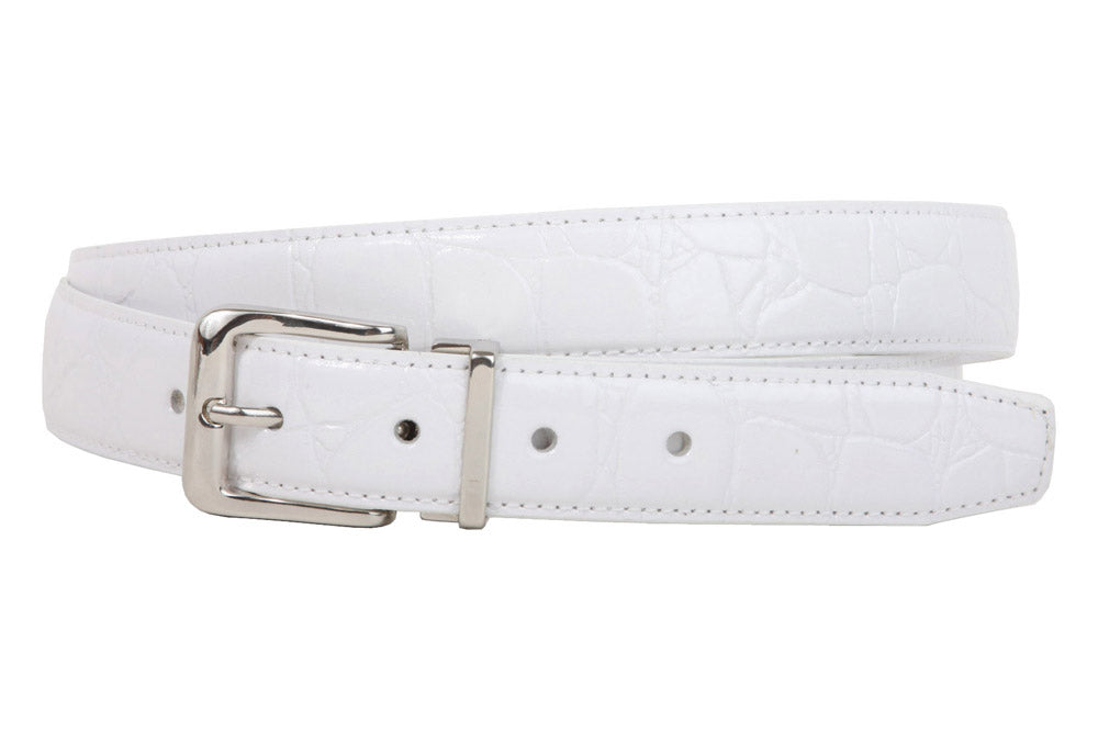 1 1/8 Inch Clamp On Single Loop Silver One Size Fits All Feather Edged Faux Alligator Grain Croco Print Patent Leather Belt - OnlineBelts