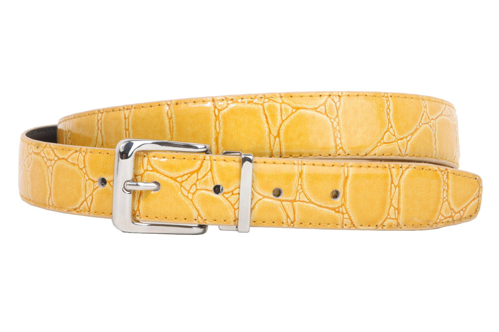 1 1/8 Inch Clamp On Single Loop Silver One Size Fits All Feather Edged Faux Alligator Grain Croco Print Patent Leather Belt - OnlineBelts
