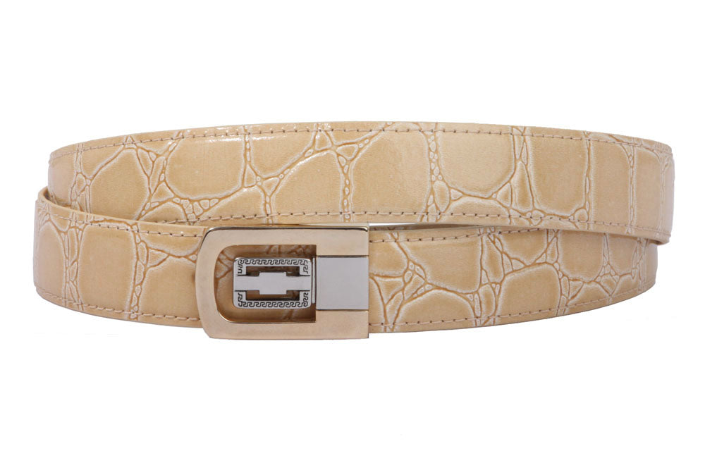 1 1/8 Inch Clamp On One Size Fits All Feather Edged Croco Print Patent Faux Leather Dress Belt - OnlineBelts
