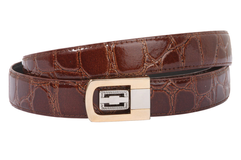 1 1/8 Inch Clamp On One Size Fits All Feather Edged Croco Print Patent Faux Leather Dress Belt - OnlineBelts