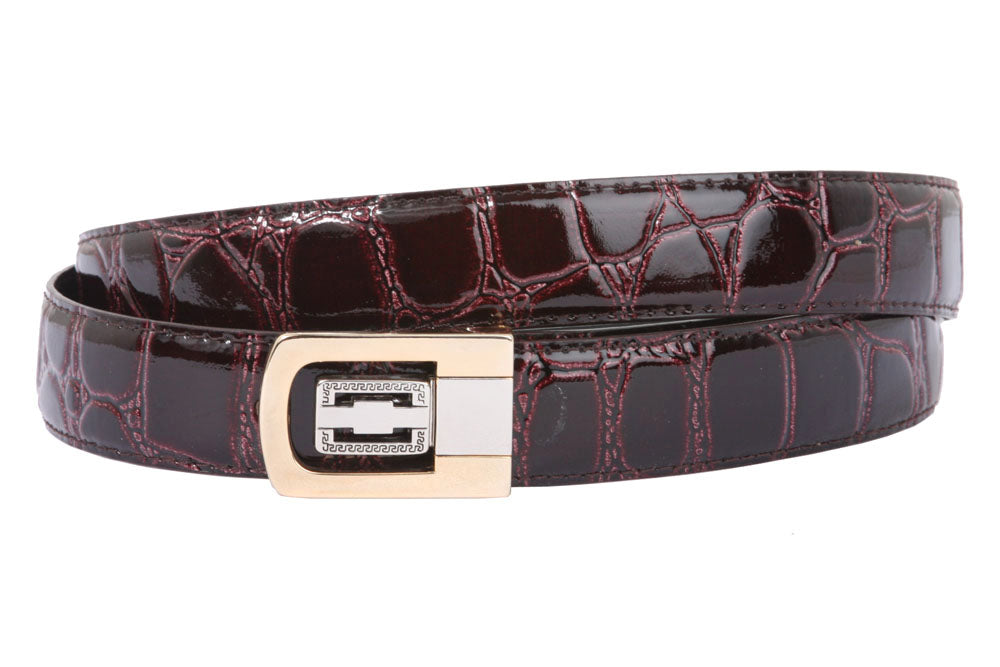 1 1/8 Inch Clamp On One Size Fits All Feather Edged Croco Print Patent Faux Leather Dress Belt - OnlineBelts