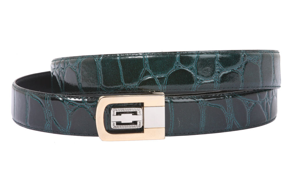 1 1/8 Inch Clamp On One Size Fits All Feather Edged Croco Print Patent Faux Leather Dress Belt - OnlineBelts